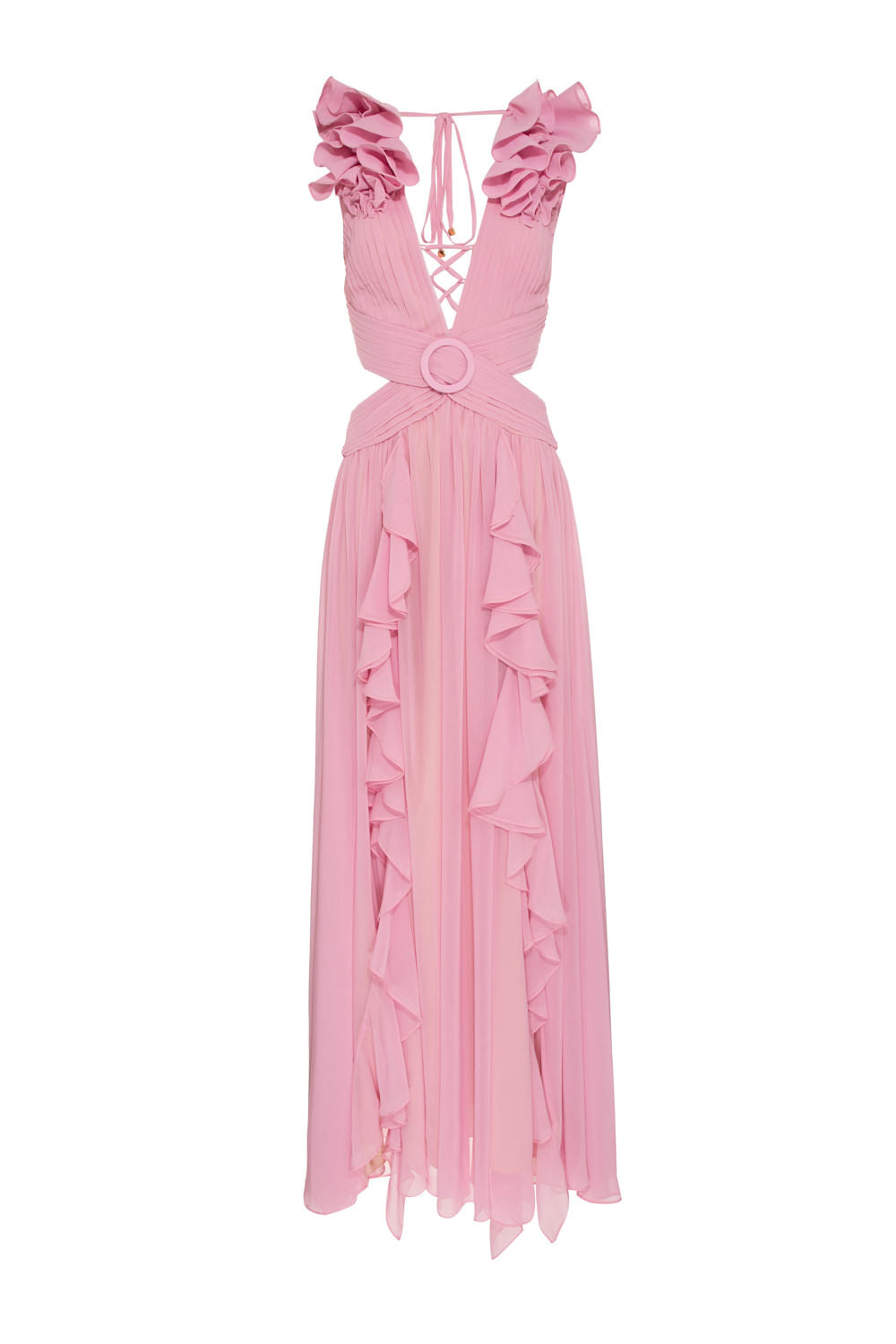 VESTIDO LONGO ALÇA BABADO ROSA