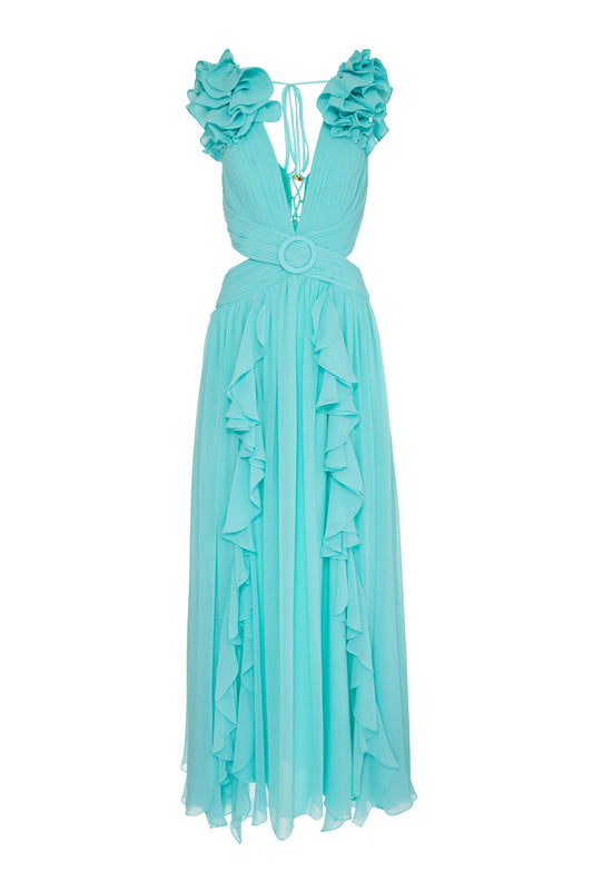 VESTIDO LONGO ALÇA BABADO TIFFANY