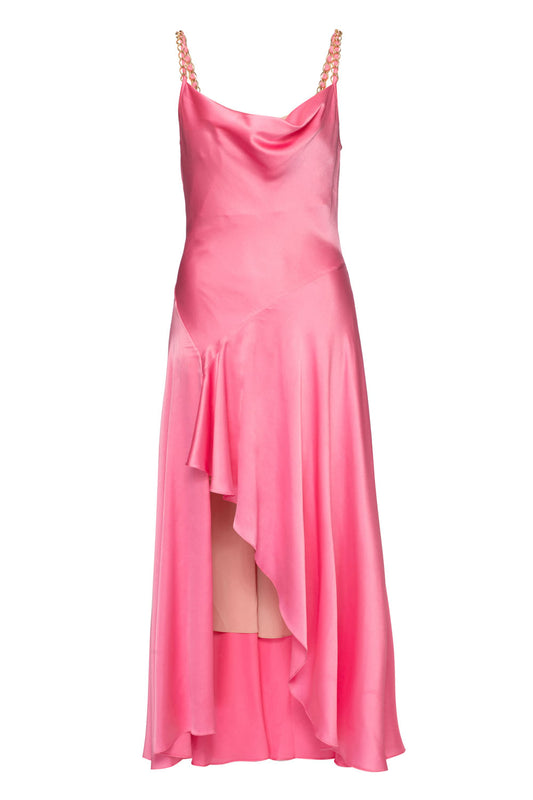 VESTIDO MÍDI ASSIMÉTRICO CETIM SLIP ROSA