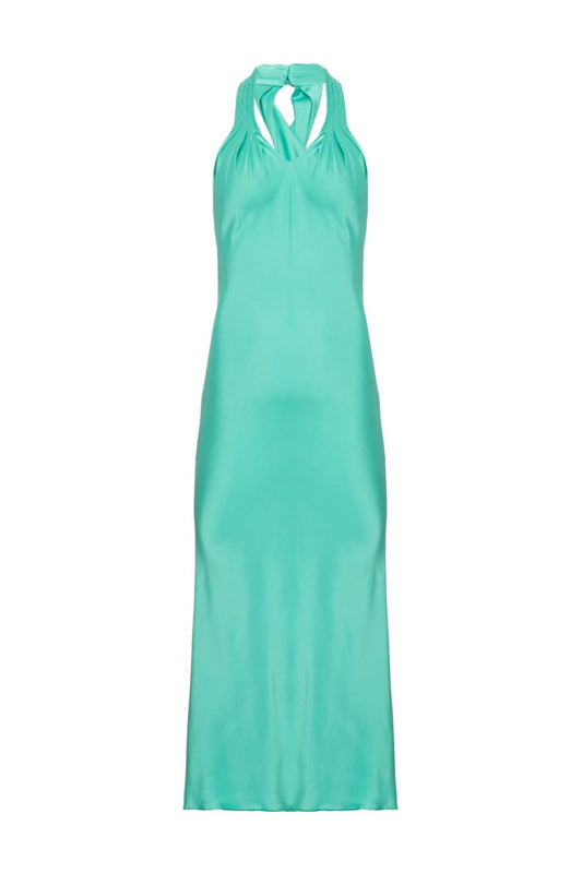 VESTIDO MÍDI DECOTE CRUZADO CETIM SLIP AZUL
