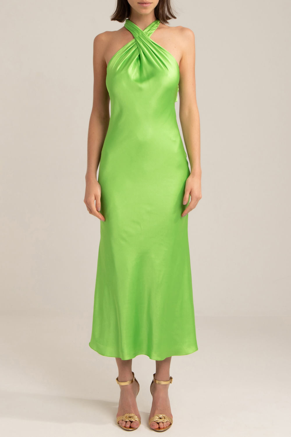 VESTIDO MÍDI DECOTE CRUZADO CETIM SLIP VERDE
