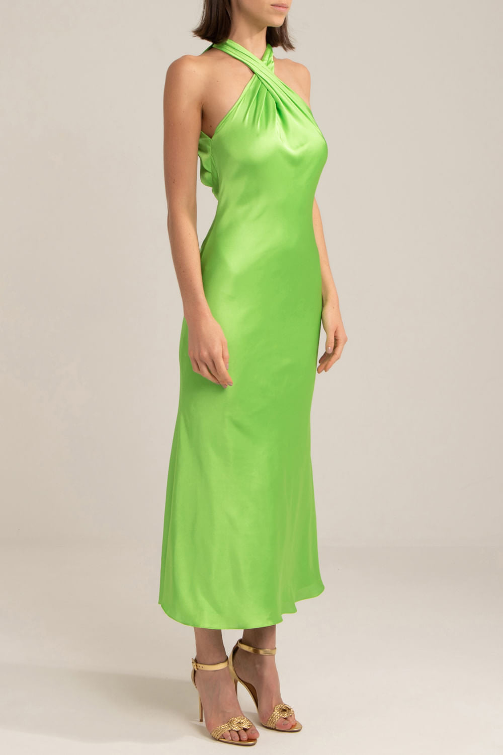 VESTIDO MÍDI DECOTE CRUZADO CETIM SLIP VERDE