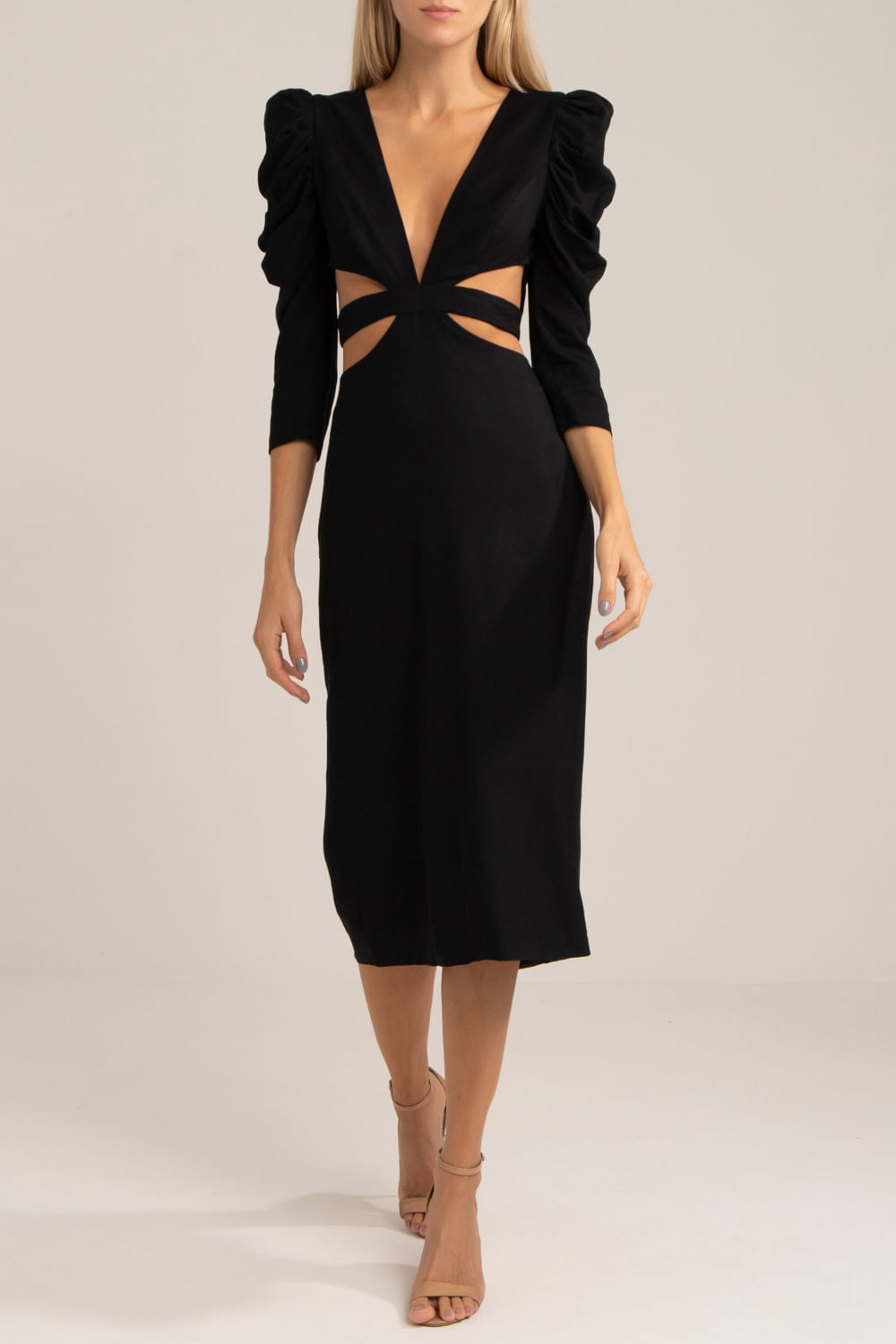 VESTIDO MÍDI RECORTES DISCO PRETO