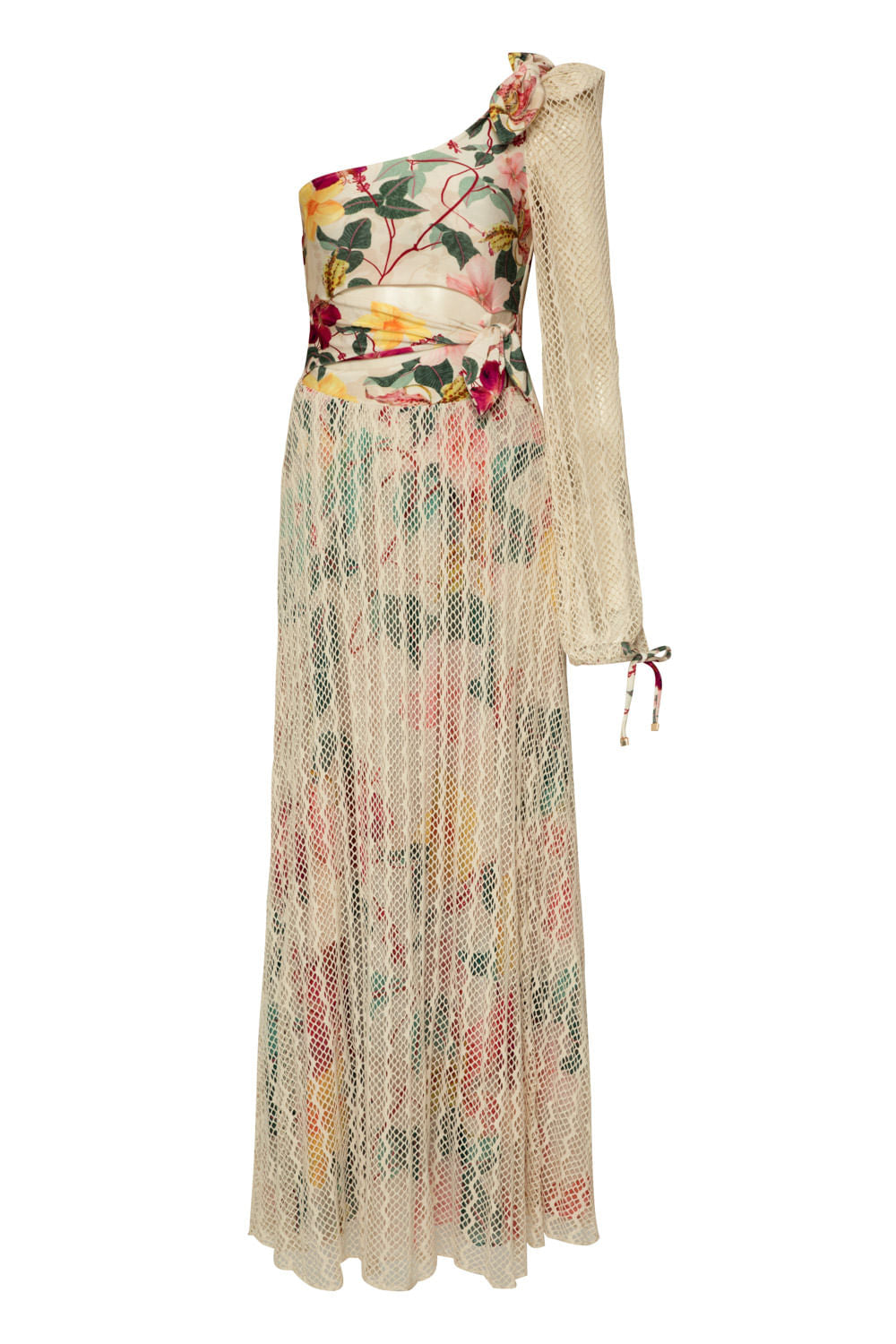 VESTIDO UM OMBRO SÓ HIBISCUS OFF WHITE