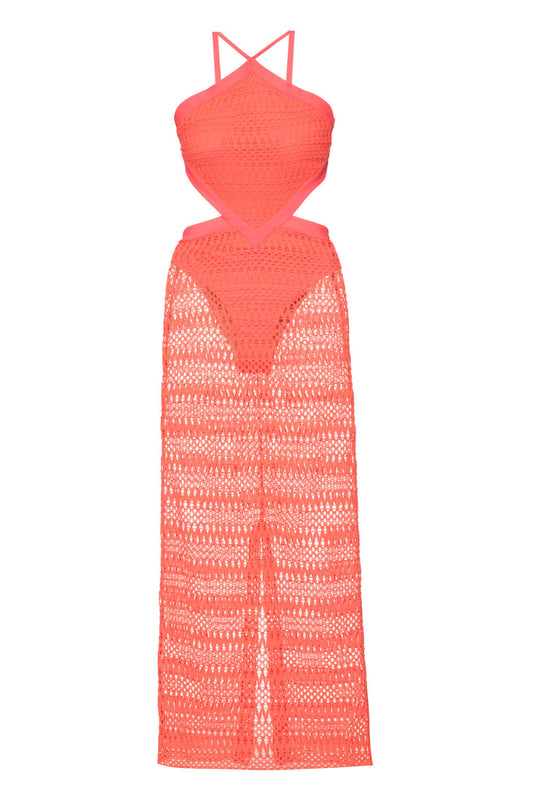 VESTIDO LONGO FRENTE ÚNICA TELA NEON VIBES CORAL