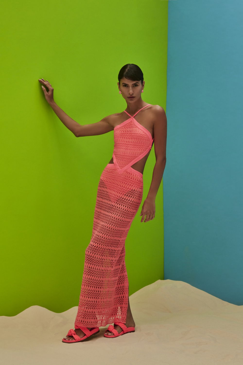 VESTIDO LONGO FRENTE ÚNICA TELA NEON VIBES CORAL