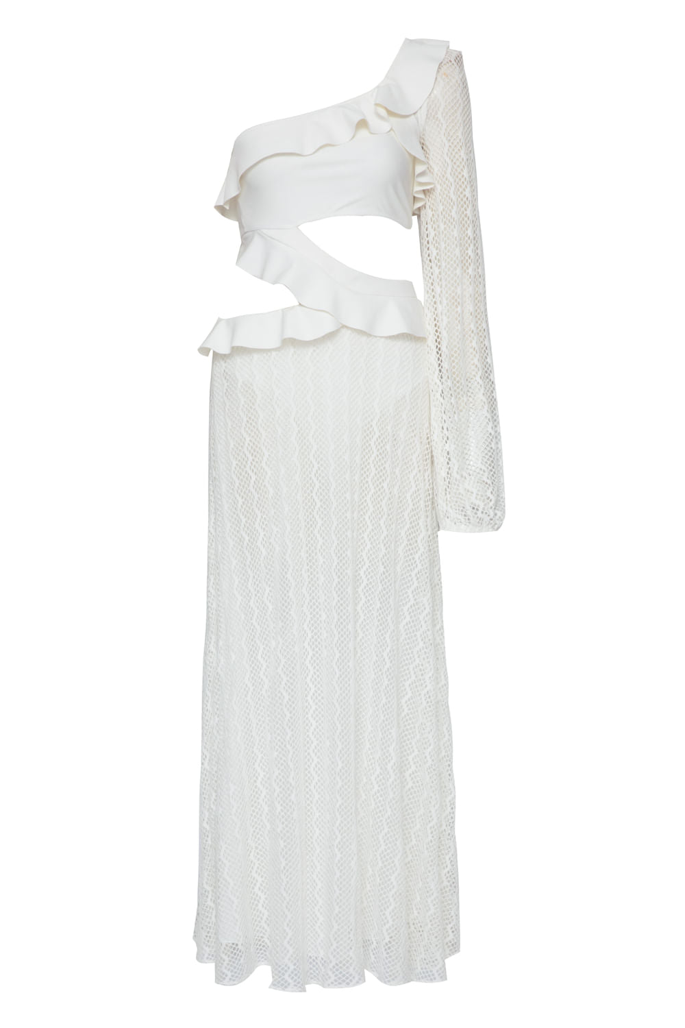 Vestido longo faixa babado tela off white