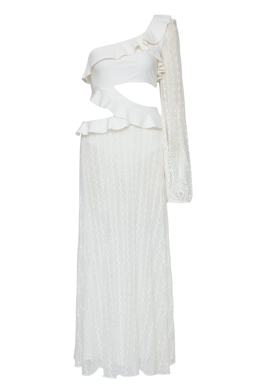 VESTIDO LONGO FAIXA BABADO TELA OFF WHITE