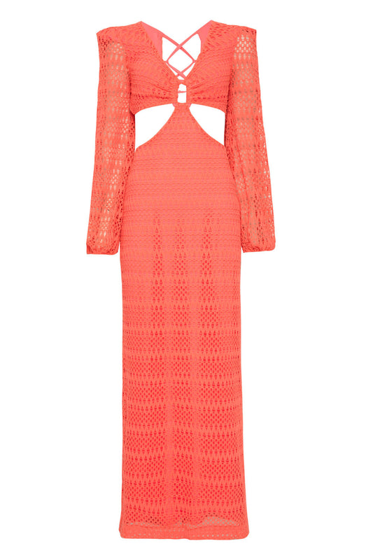 VESTIDO LONGO ARGOLA TELA NEON VIBES CORAL