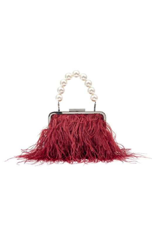 BOLSA CLUTCH PLUMAS COM PÉROLAS VERMELHO