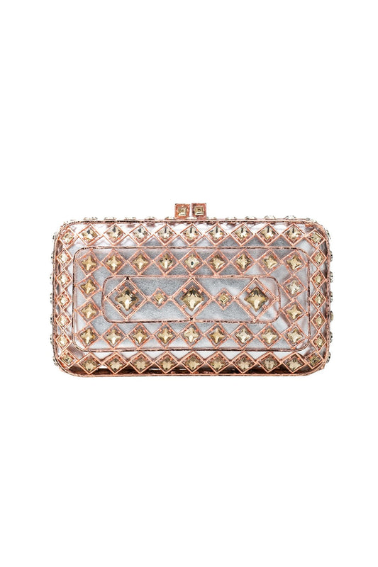 BOLSA CLUTCH METAL TRAMA MAXI CRISTAIS TOPÁZIO ROSE