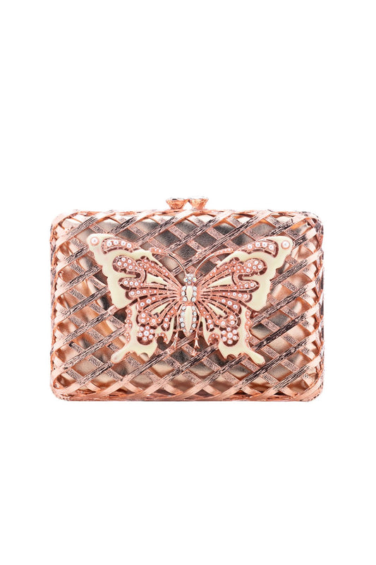 BOLSA CLUTCH METAL TRAMA BORBOLETA CRISTAIS ROSE