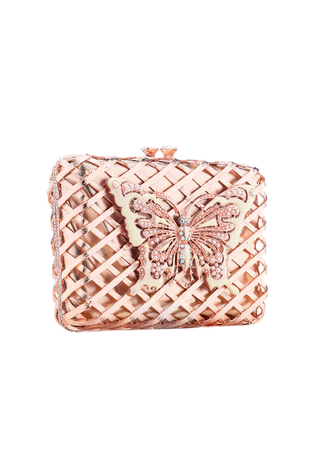 BOLSA CLUTCH METAL TRAMA BORBOLETA CRISTAIS ROSE