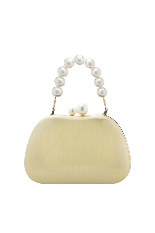 BOLSA CLUTCH METAL PINO E ALÇA PÉROLAS OURO ESCOVADO