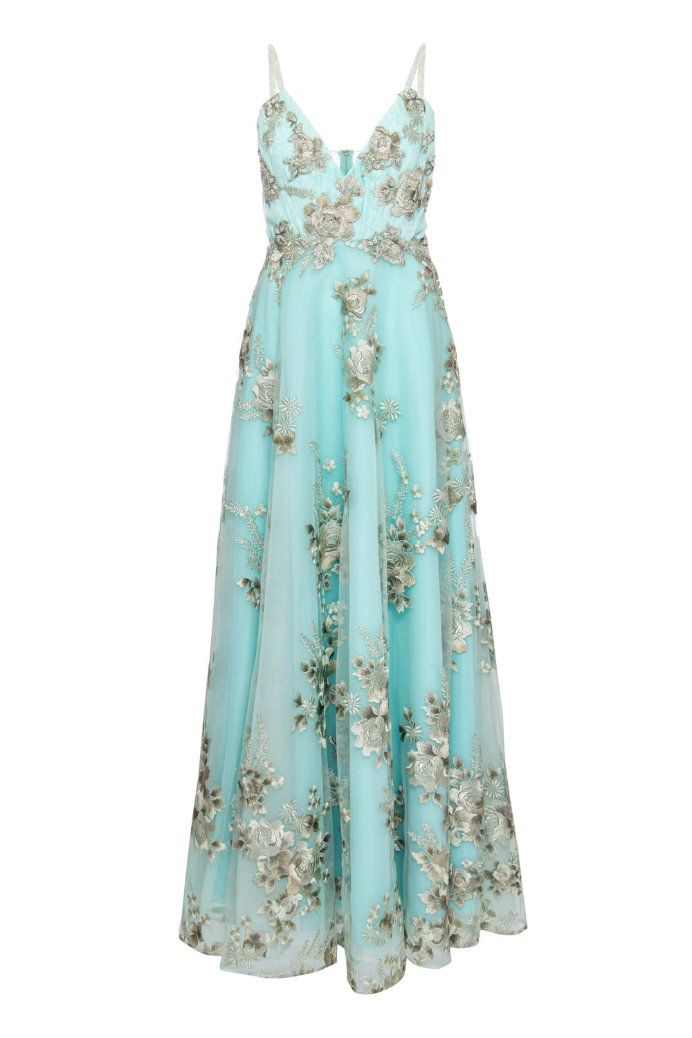 VESTIDO LONGO TULE FLORAL VERDE CLARO