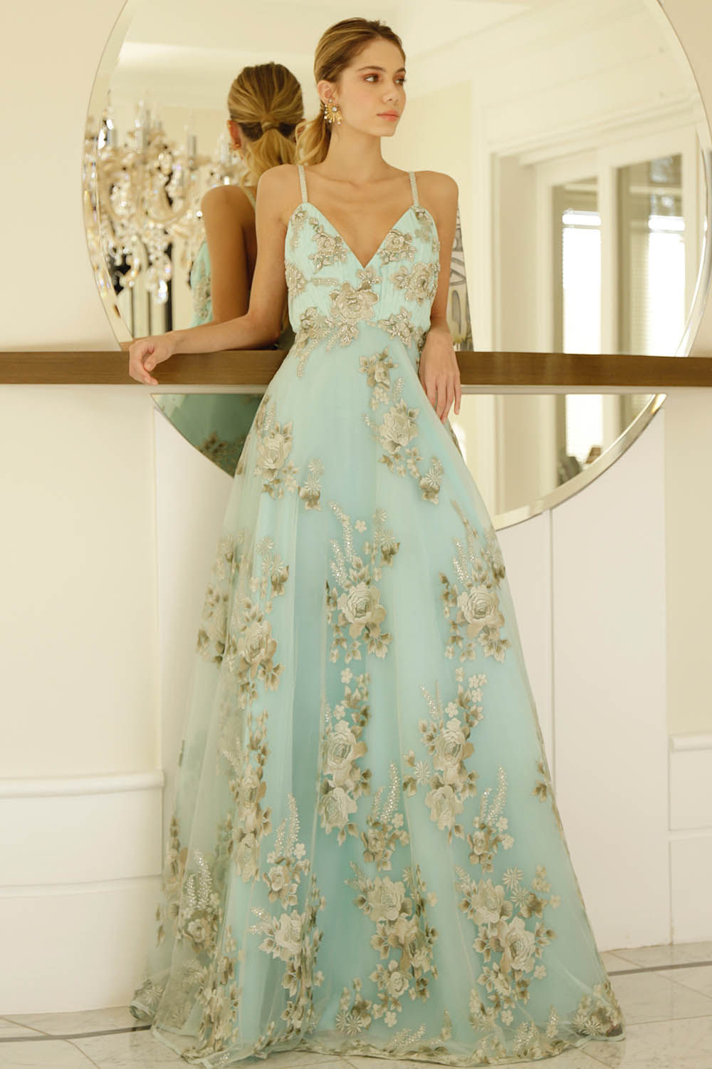 VESTIDO LONGO TULE FLORAL VERDE CLARO