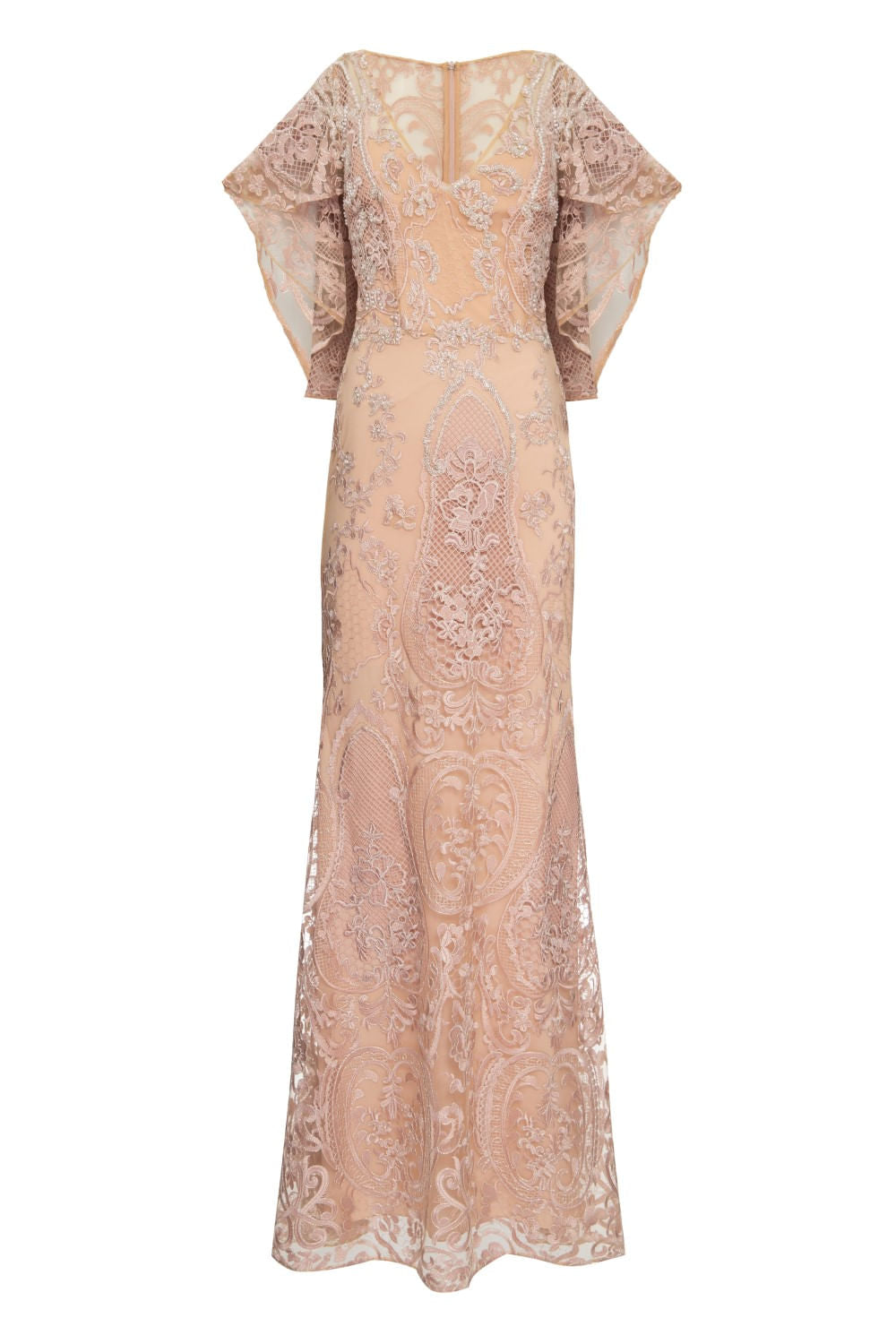 VESTIDO LONGO RENDA MANGAS NUDE