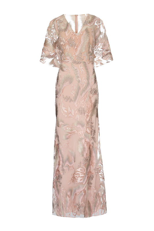 VESTIDO LONGO MANGAS AMPLAS RENDA NUDE