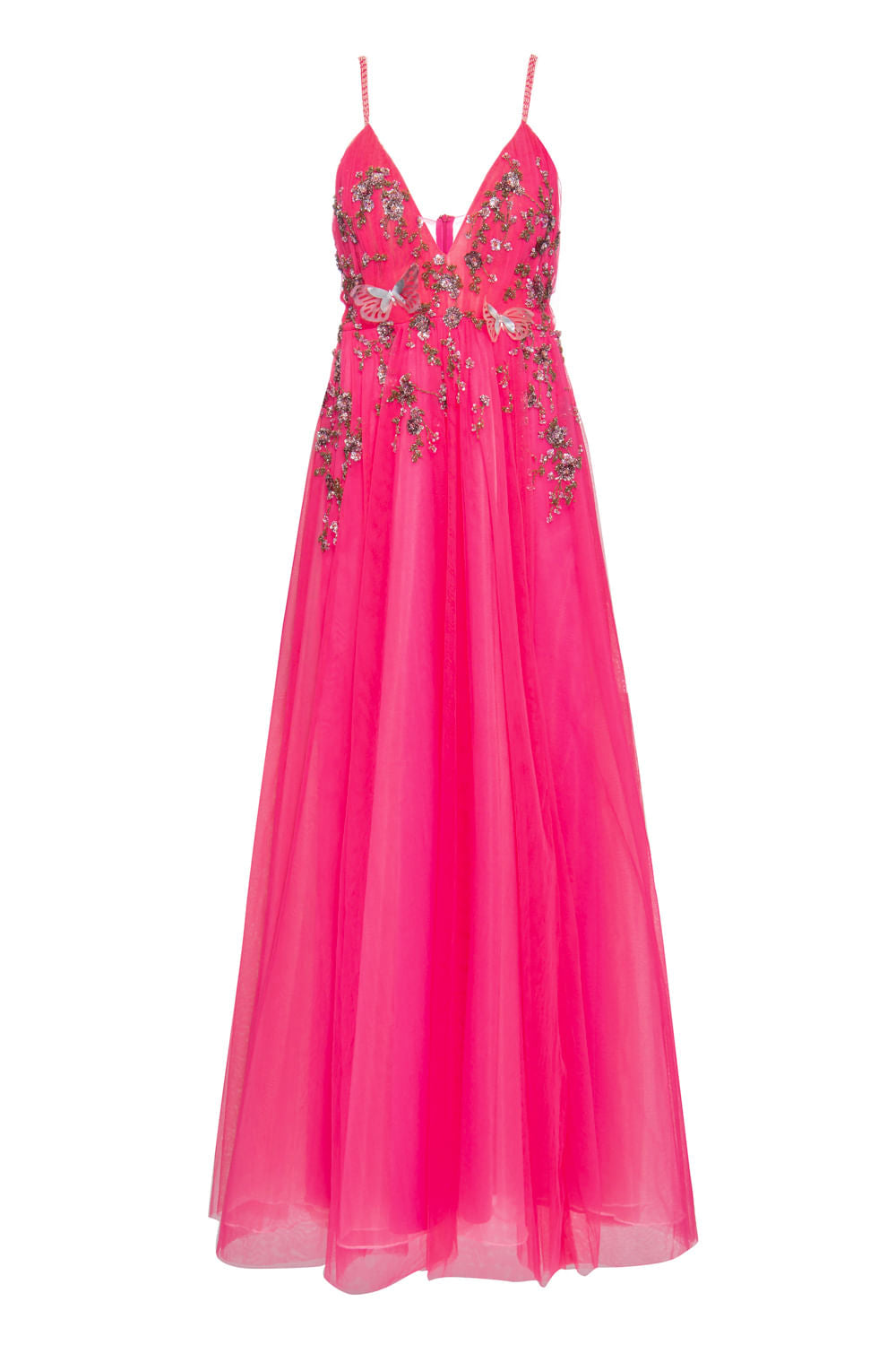 VESTIDO LONGO BORDADO FLORAL BORBOLETAS ROSA