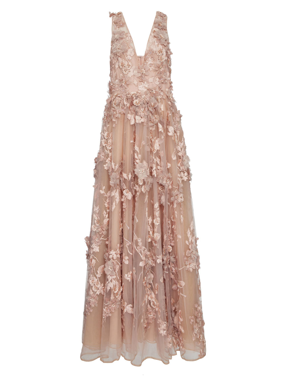 VESTIDO LONGO APLICAÇÃO FLORES ROSA