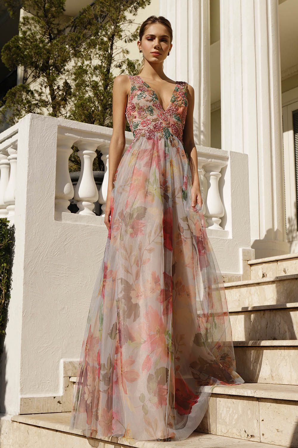 VESTIDO BUSTO BORDADO SAIA ESTAMPADA AZUL