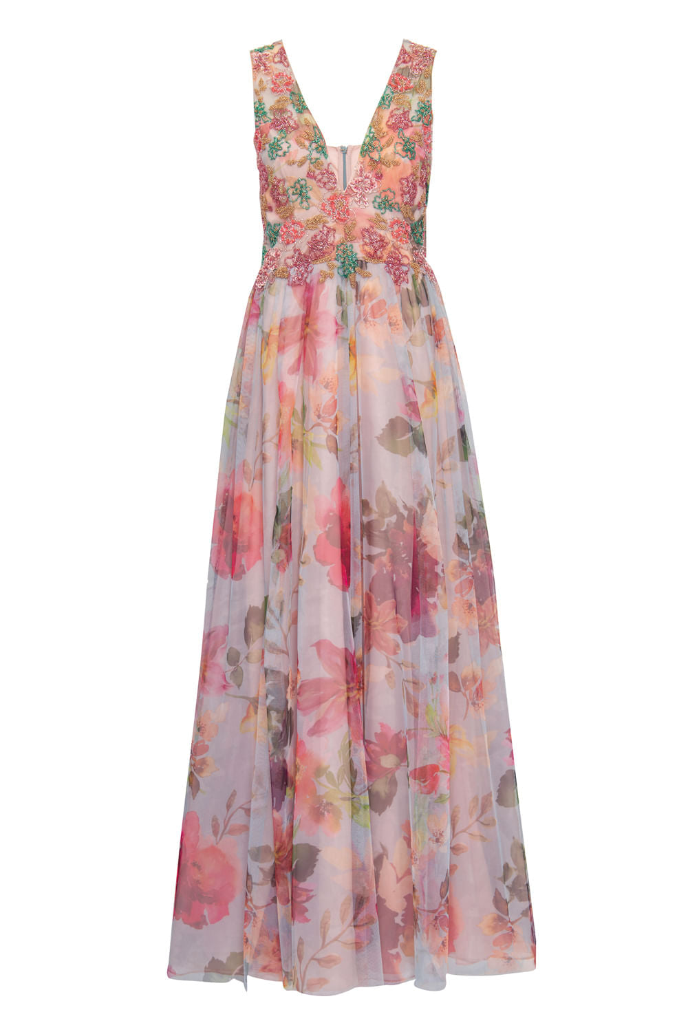 VESTIDO BUSTO BORDADO SAIA ESTAMPADA AZUL