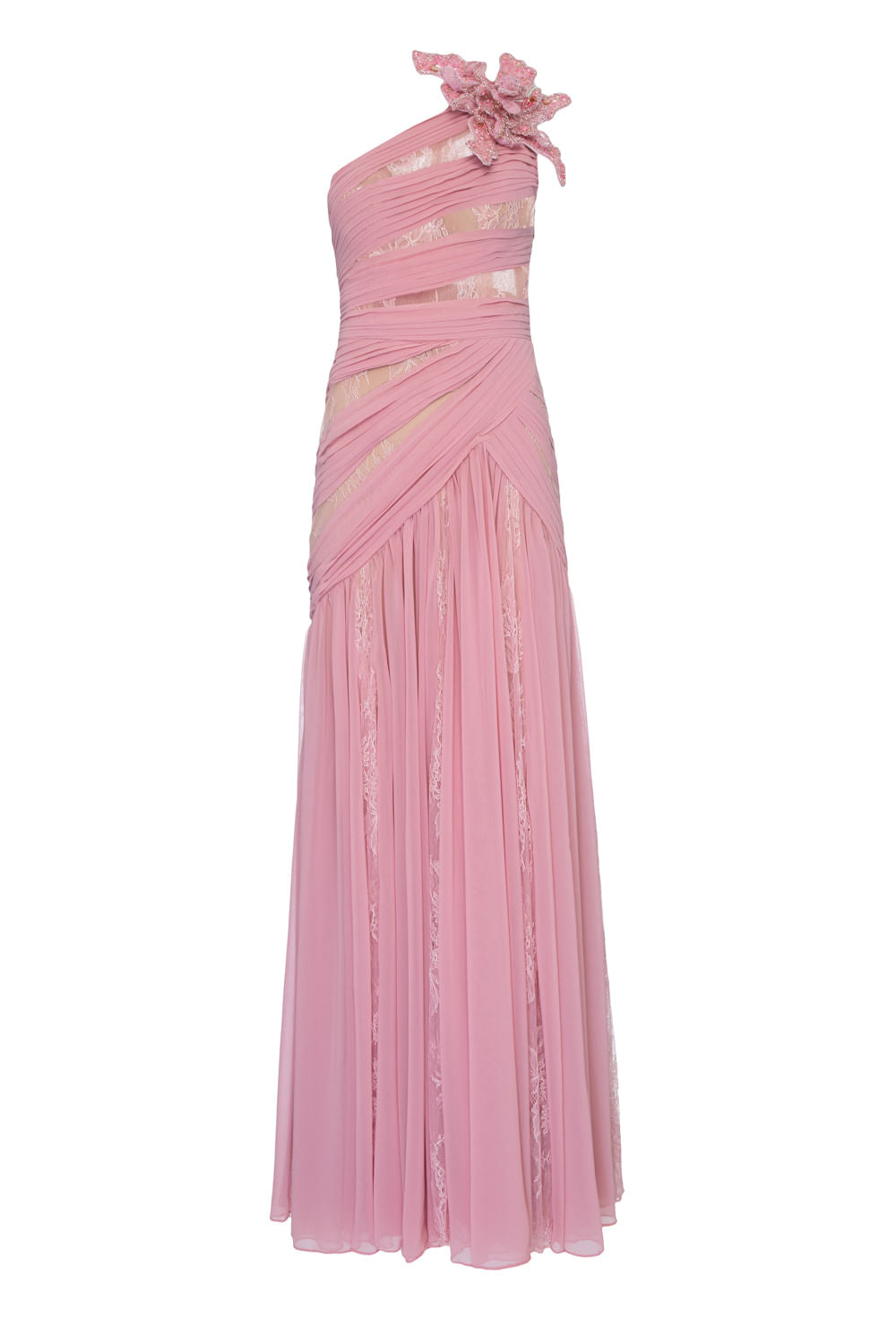 VESTIDO LONGO FAIXAS BROCHE OMBRO LILAS