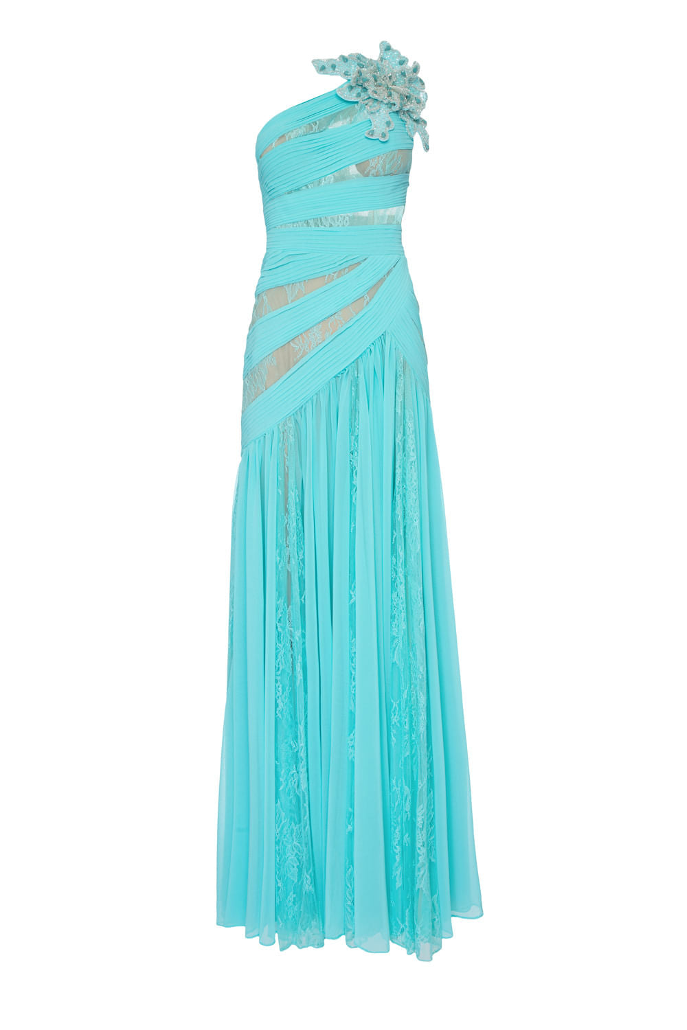 VESTIDO LONGO FAIXAS BROCHE OMBRO AZUL