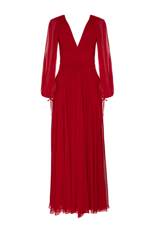 VESTIDO LONGO BUSTO PREGAS VERMELHO