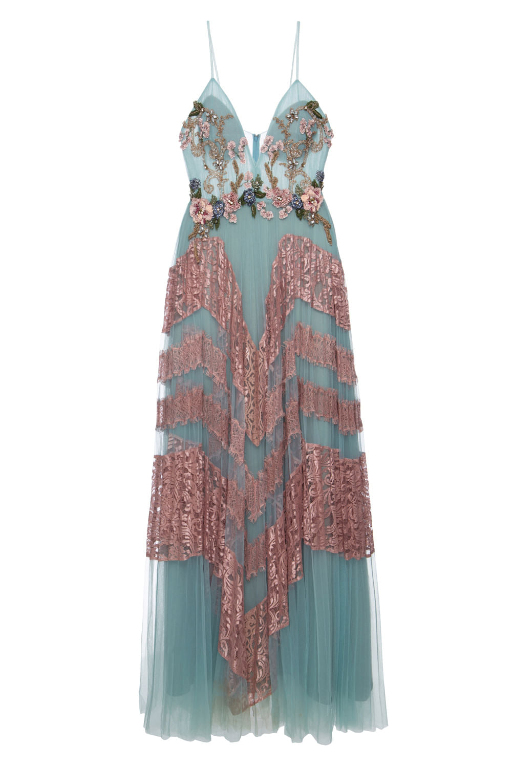 VESTIDO BUSTO BORDADO SAIA BICOLOR RENDA AZUL