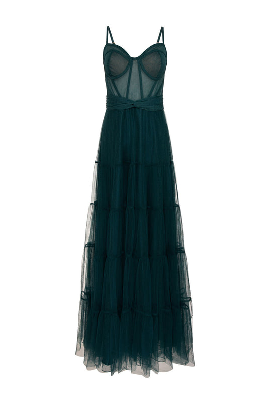 VESTIDO LONGO TULE CAMADAS PETROLEO
