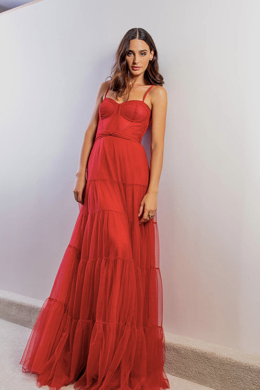 VESTIDO LONGO TULE CAMADAS VINHO