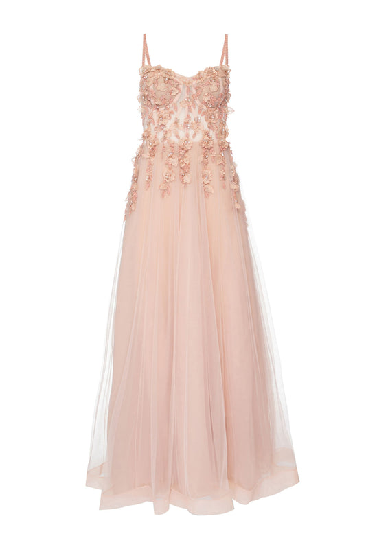 Vestido longo aplicação flores
 rosa
