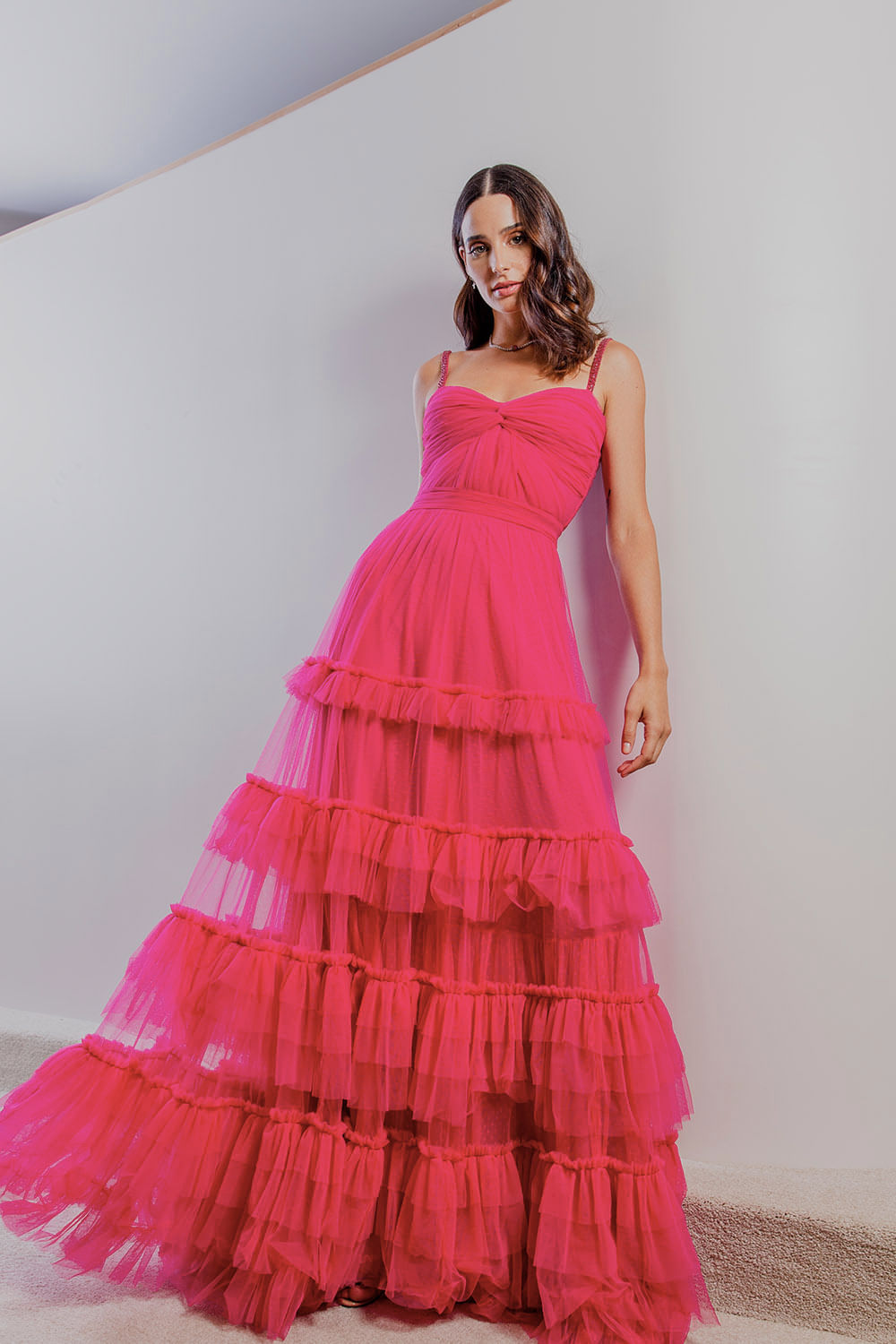 VESTIDO LONGO BUSTO FRANZIDO TORCIDO PINK