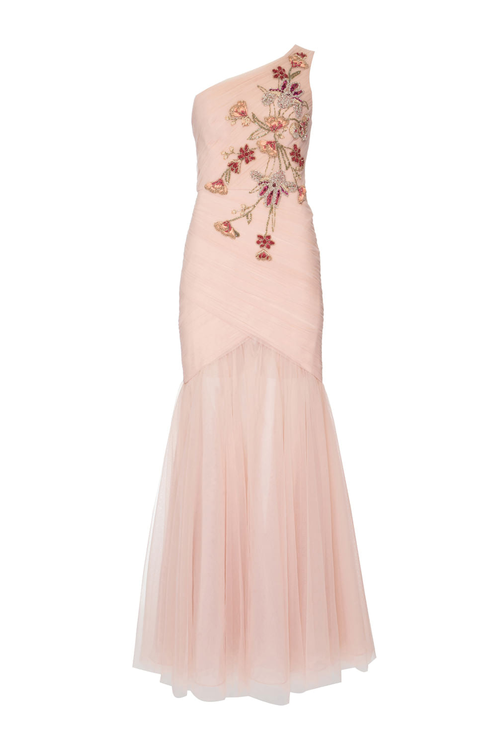 VESTIDO LONGO OMBRO ÚNICO PREGAS NUDE
