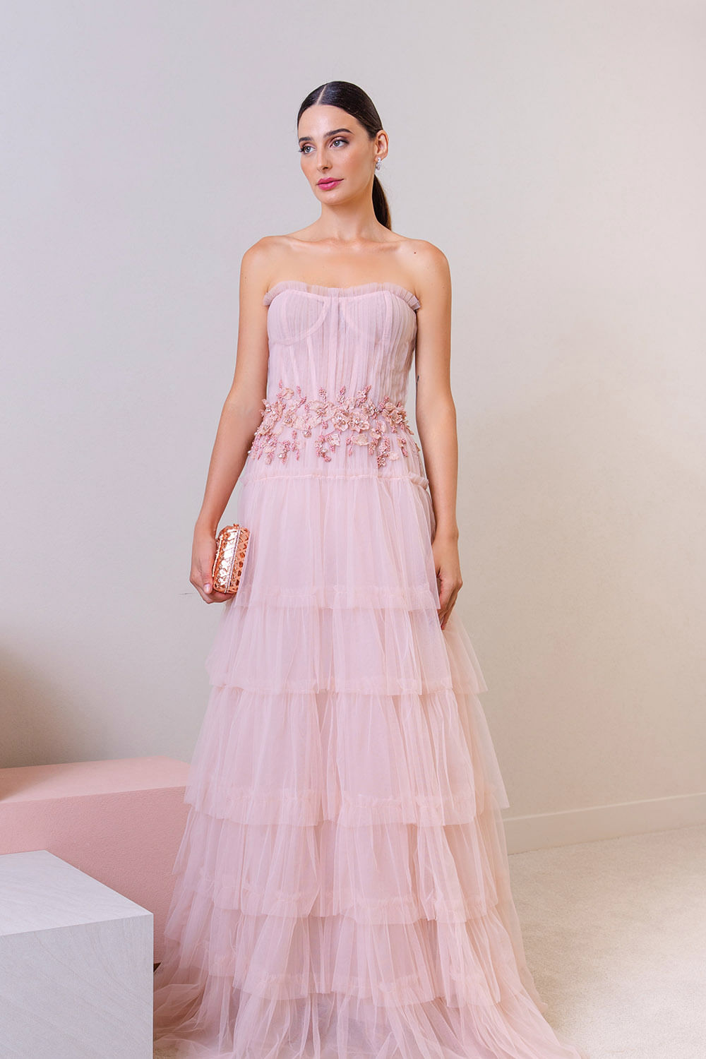 VESTIDO LONGO CORSET TULE SEM ALÇAS  NUDE