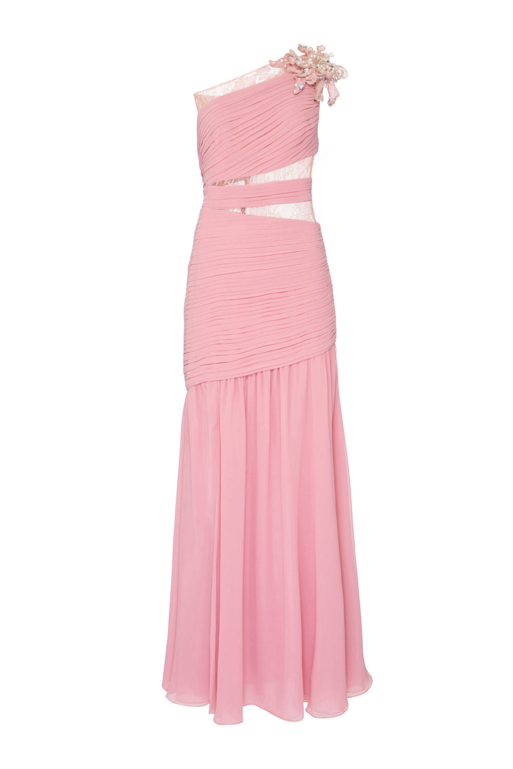 VESTIDO LONGO PREGAS BROCHE LILAS