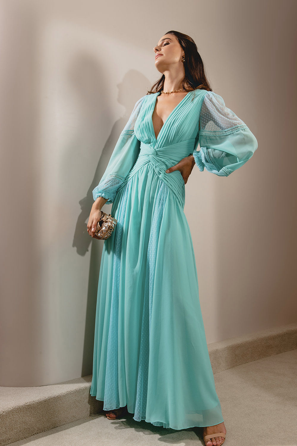 VESTIDO LONGO TORÇÃO PREGAS AZUL