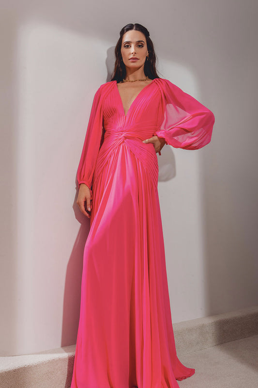 VESTIDO LONGO TORÇÃO PREGAS ROSA