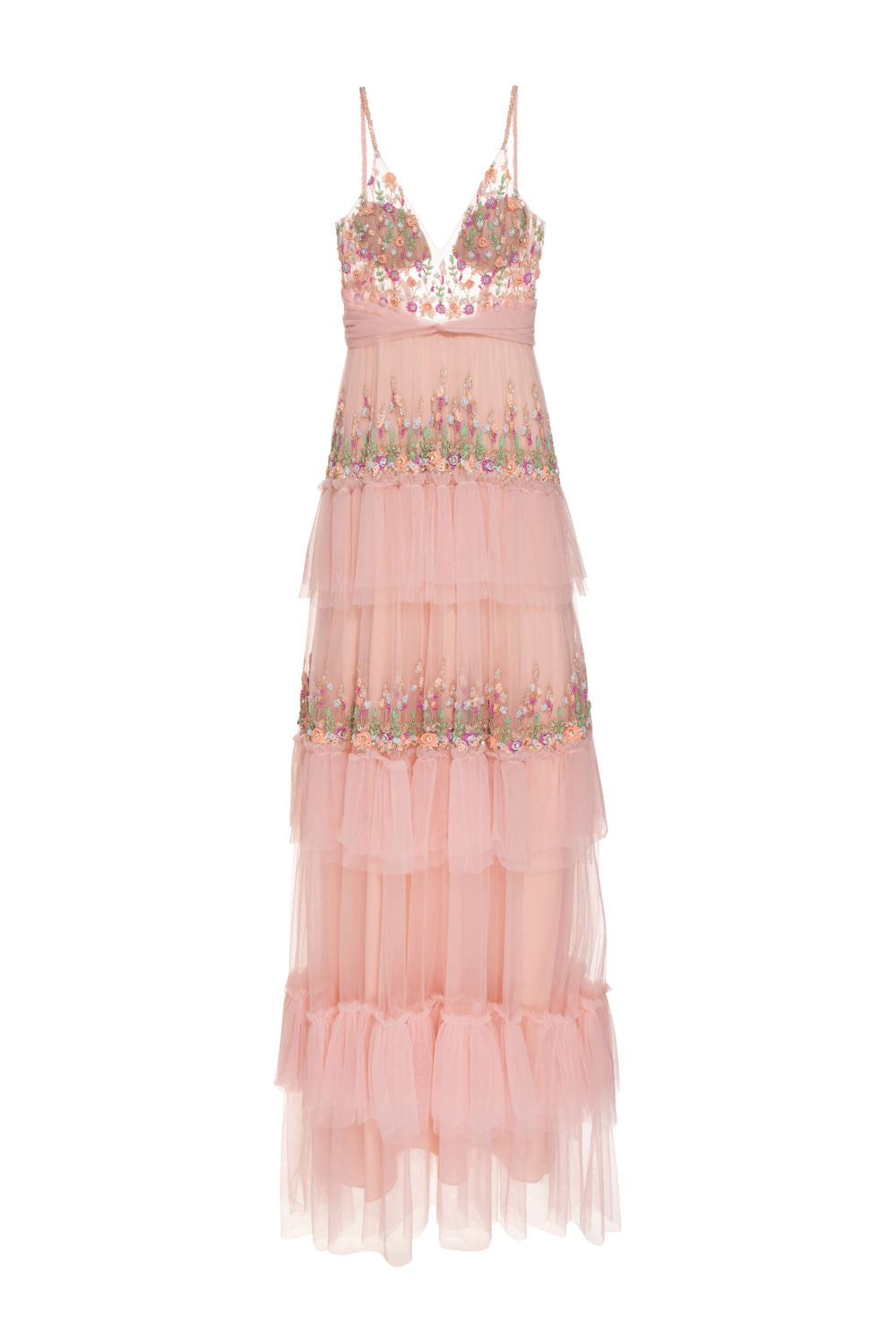 VESTIDO LONGO CAMADAS BORDADO  ROSA