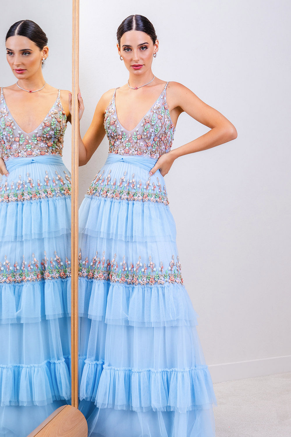 VESTIDO LONGO CAMADAS BORDADO  AZUL