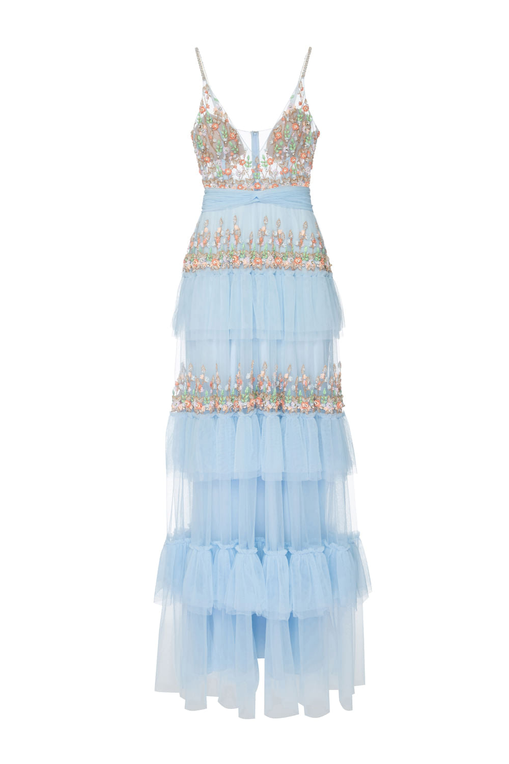 VESTIDO LONGO CAMADAS BORDADO  AZUL