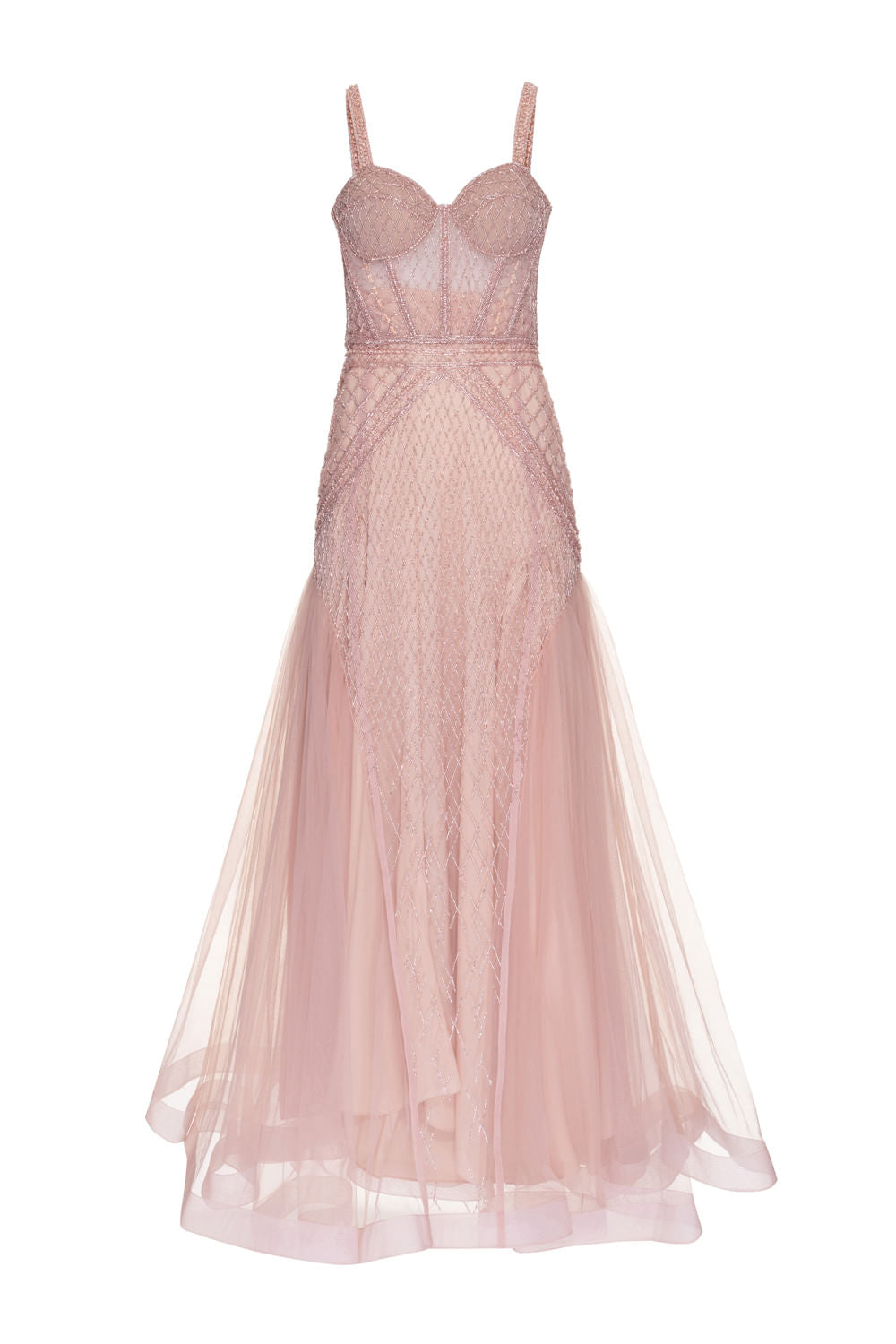 VESTIDO LONGO TULE BORDADO ROSA