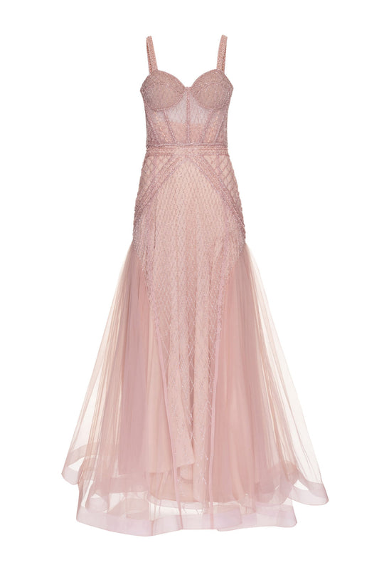 VESTIDO LONGO TULE BORDADO ROSA