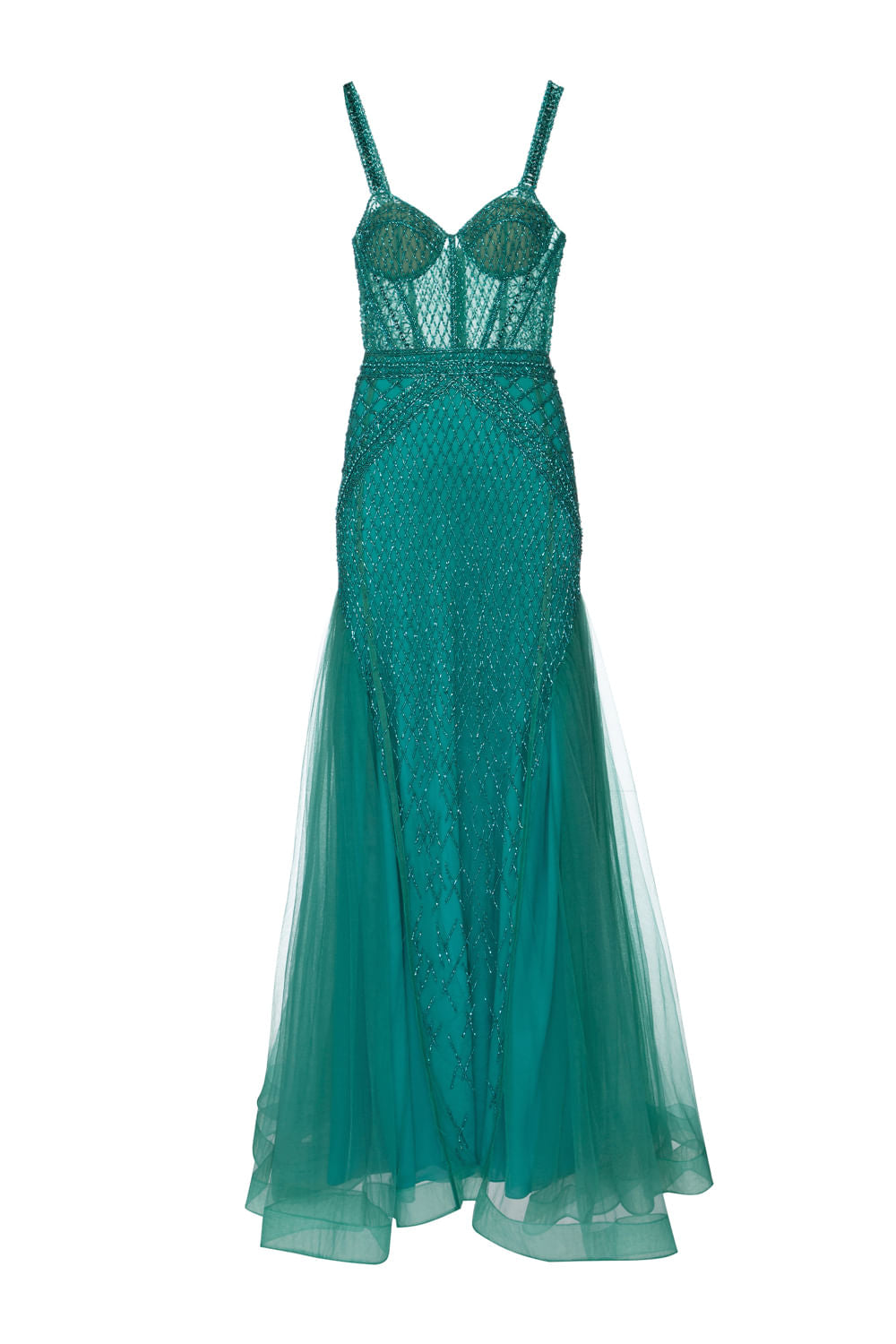 VESTIDO LONGO TULE BORDADO VERDE