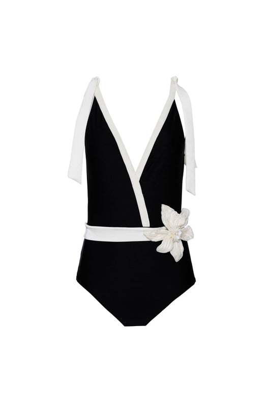BODY DECOTE TRANSPASSADO LYCRA JACKIE PRETO COM OFF WHITE