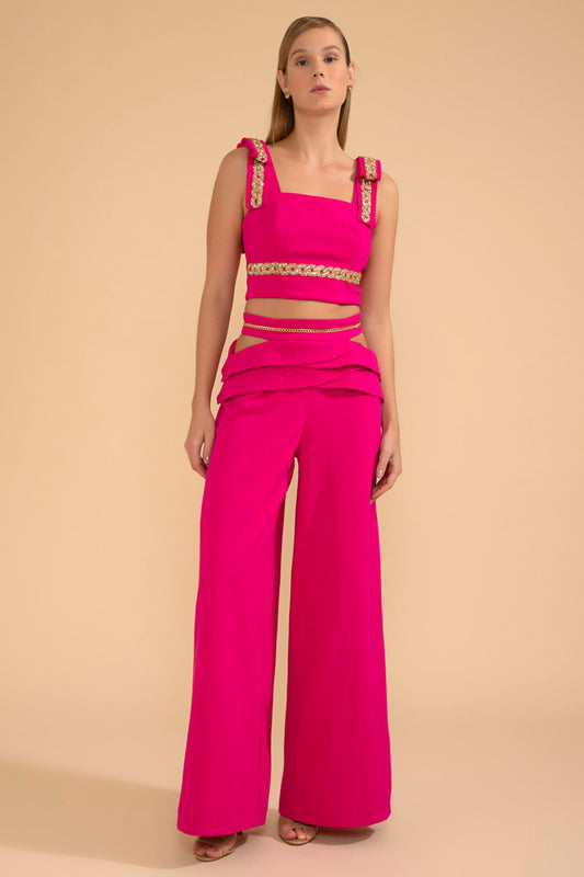 CALÇA AMPLA CORRENTE CREPE CHAIN PINK