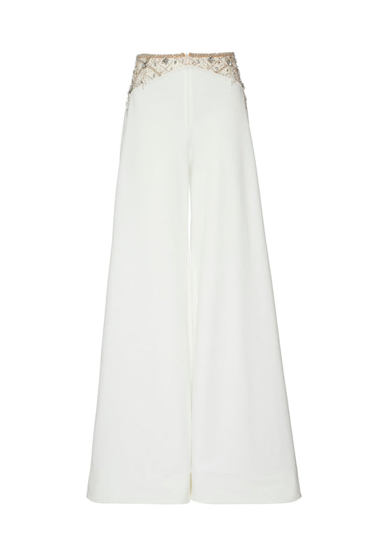 CALÇA PANTALONA PEDRARIA CREPE CRYSTAL OFF WHITE