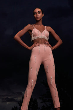 CALÇA SLIM BORDADA CREPE CRYSTAL NUDE