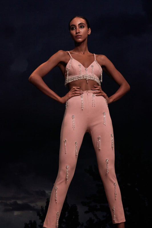 CALÇA SLIM BORDADA CREPE CRYSTAL NUDE